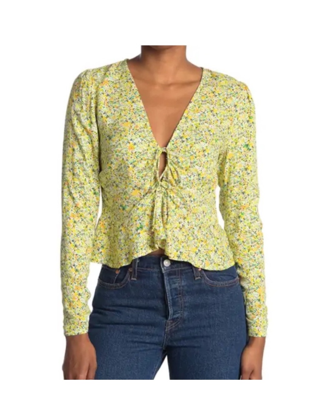 AFRM Yellow Floral Tie-Front V-Neck Blouse